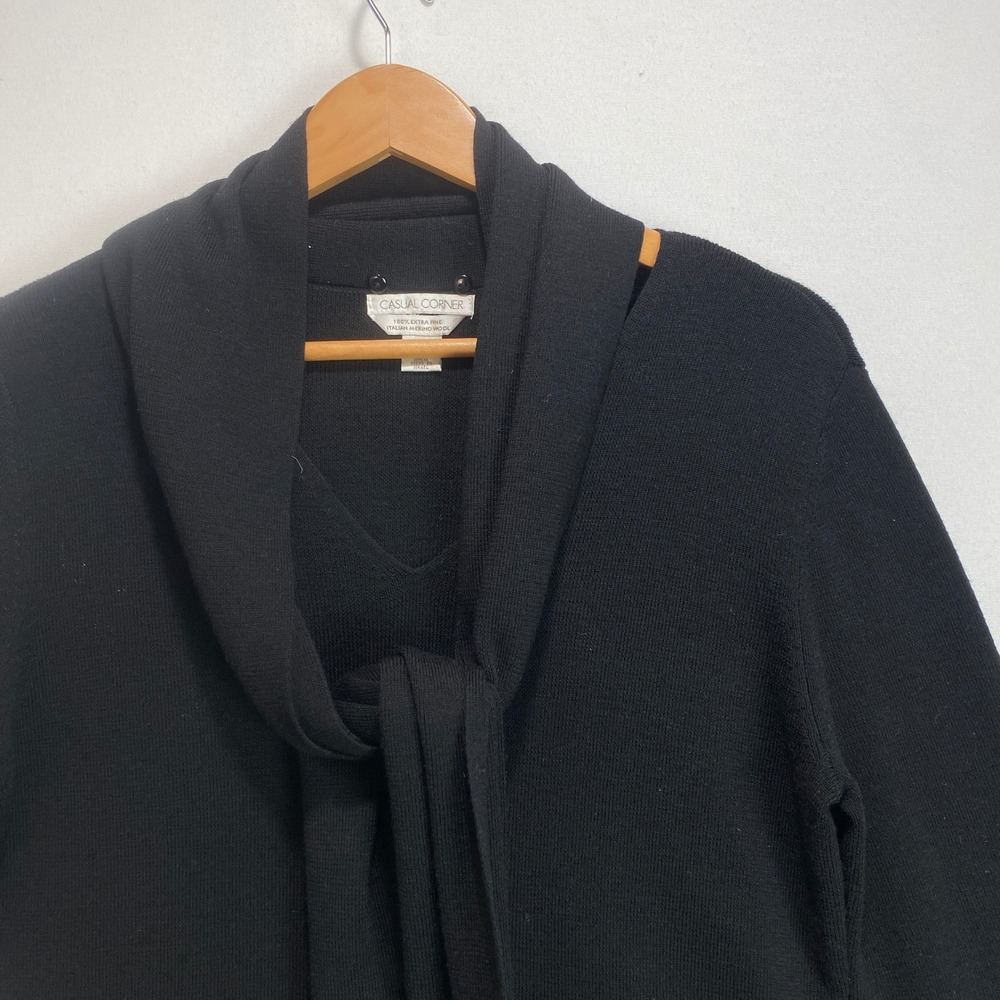 Casual Corner Black Merino Wool Sweater Knit Shawl Collar Tie Size L - Picture 3 of 9